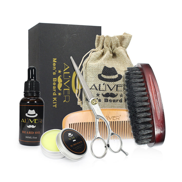5-Piece Beard Care Set with Comb, Brush, Scissors & Grooming Oils