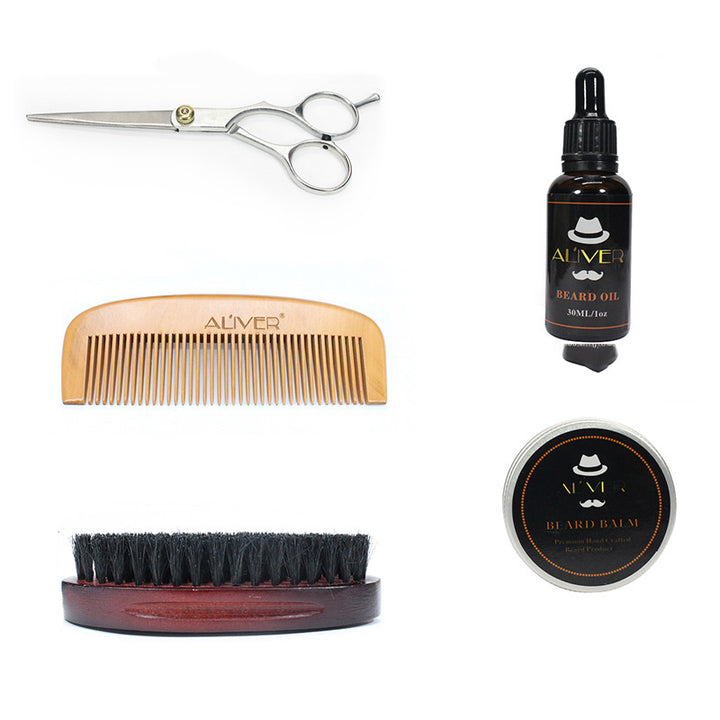 5-Piece Beard Care Set with Comb, Brush, Scissors & Grooming Oils