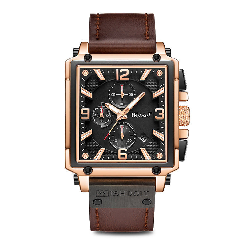 Men’s Square Quartz Watch – Chronograph, Leather & Waterproof