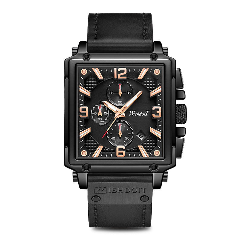 Men’s Square Quartz Watch – Chronograph, Leather & Waterproof