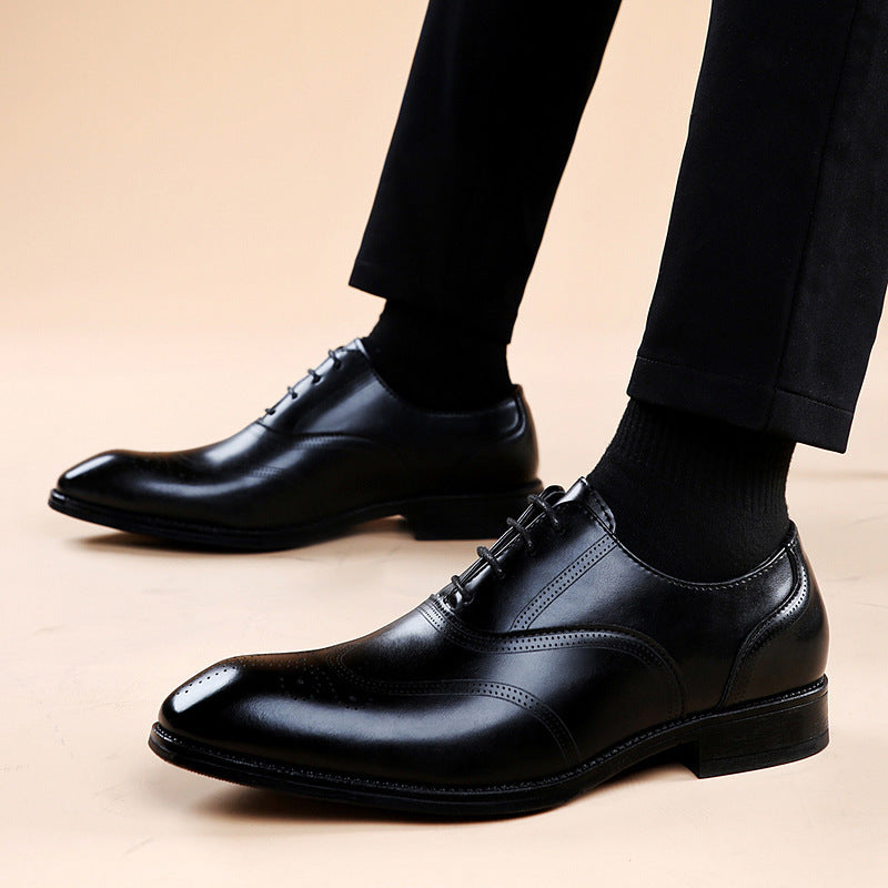 Men's Formal Brogue Leather Shoes Pointed Toe Lace-Up Flats