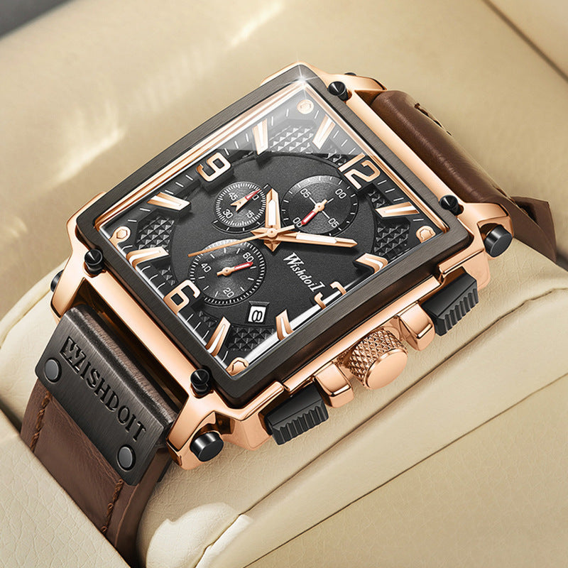 Men’s Square Quartz Watch – Chronograph, Leather & Waterproof