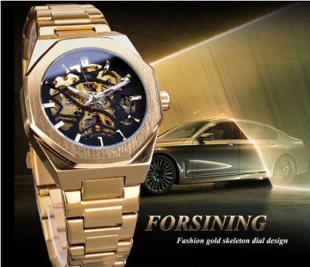 Men's Mechanical Automatic Watch – Skeleton Dial & Steel Band