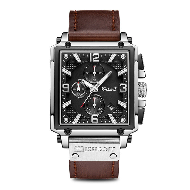 Men’s Square Quartz Watch – Chronograph, Leather & Waterproof