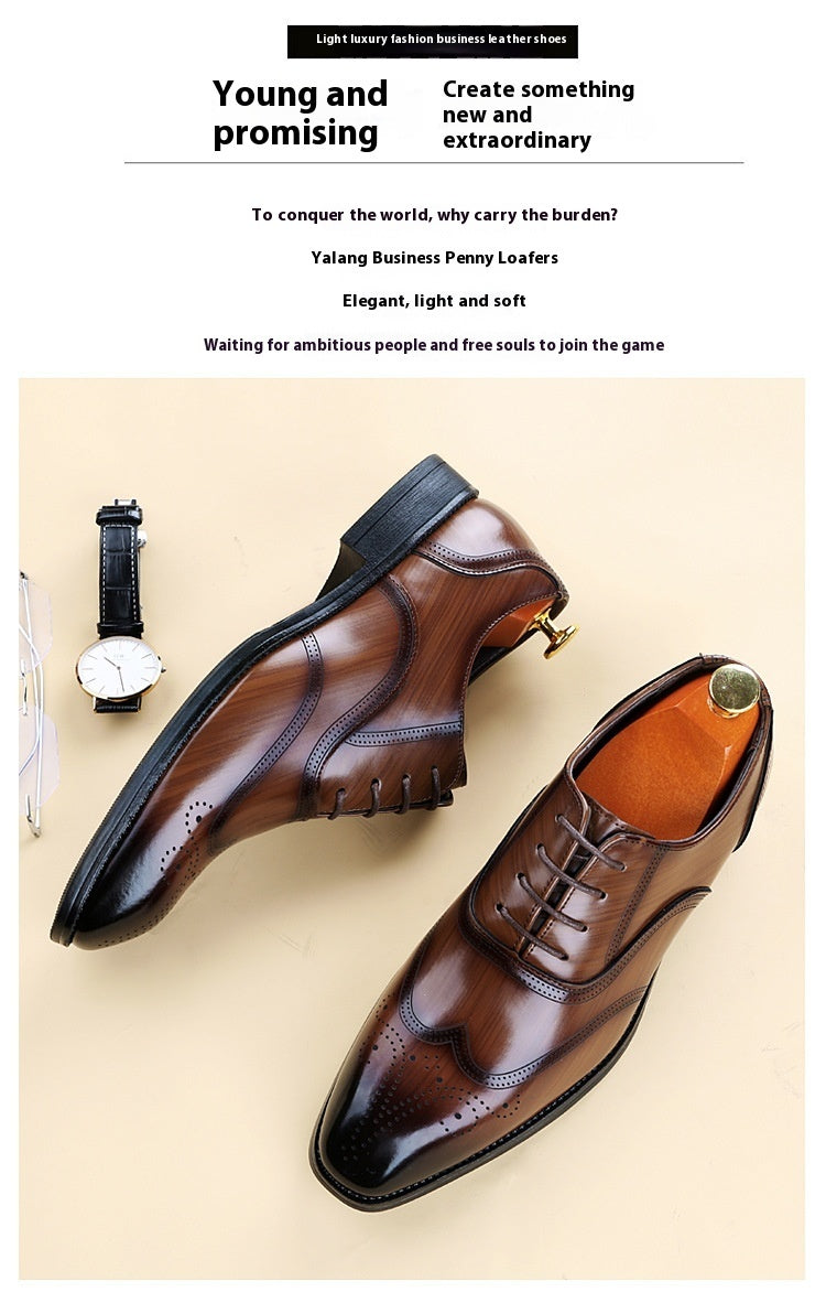 Men's Formal Brogue Leather Shoes Pointed Toe Lace-Up Flats
