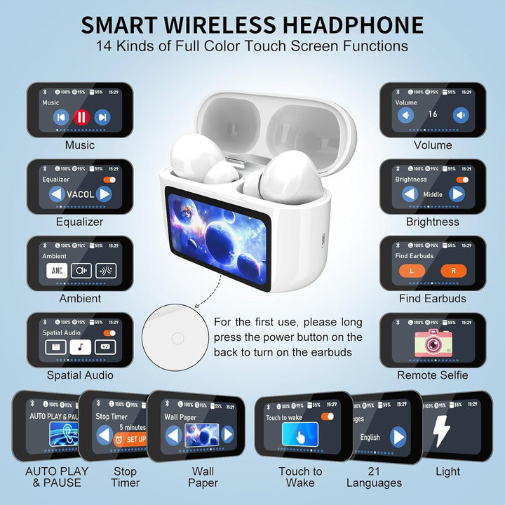 Bluetooth 5.4 Earbuds with Touchscreen, ANC/ENC, 40H Playtime