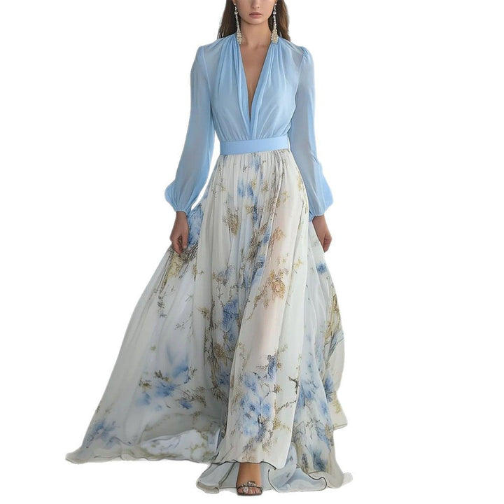 Printed Long Sleeved V-neck Patchwork Dress