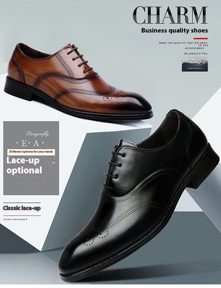 Men's Formal Brogue Leather Shoes Pointed Toe Lace-Up Flats
