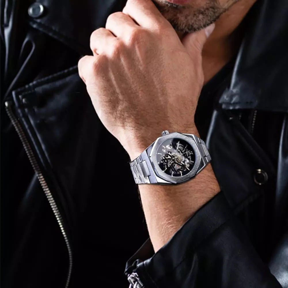 Men's Mechanical Automatic Watch – Skeleton Dial & Steel Band